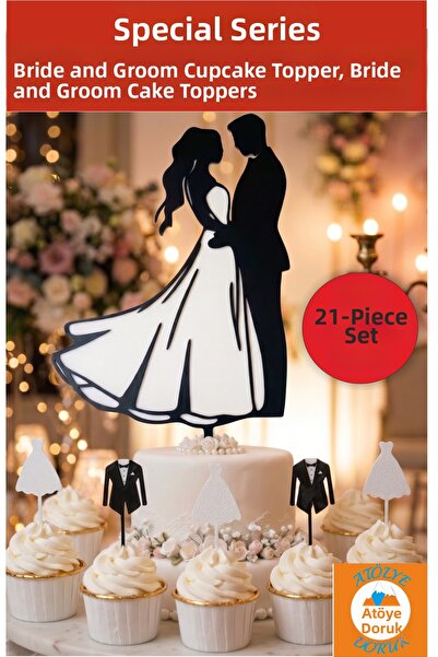 Atölye Doruk Wedding Cake Decor-Set with Bride and Groom Figures Cake Toothpi...