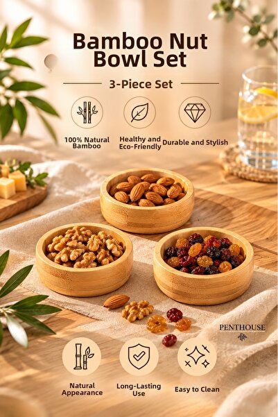 Penthouse Bamboo Snack Bowl Set of 3 Natural Bamboo Sauce Bowl Breakfast Serv...