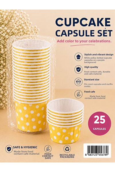 Partifabrik Cupcake Capsule Thick, Non-Bending, Mold-Free Use, 25 Pieces Yell...