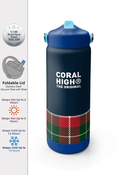 Coral High Navy Blue Plaid Bow Patterned Steel Thermos with Folding Spout 650...
