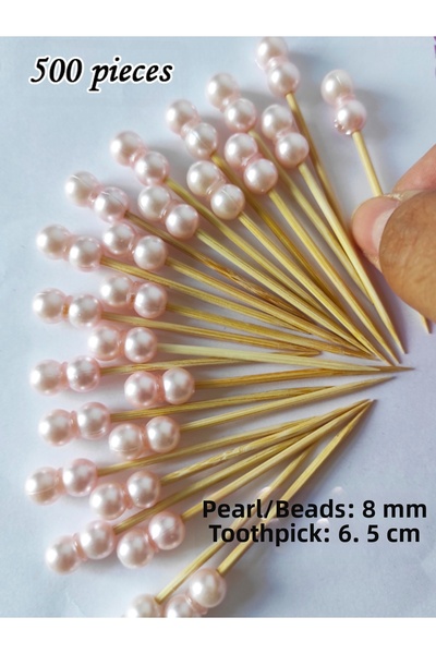 tm tasarı mağazası 500 Pieces of Decorative Pink Double Pearl Beaded Cake Picks 6.5 cm - Pearl 8 mm