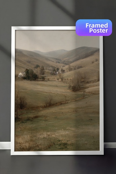 Zestia Pictură de perete vintage, peisaj montan cu câmpii, înrămată în alb Nr...