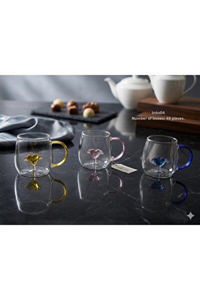 İnterlife Colorful 3D Heart Borosilicate Mug Heat Resistant Special Design Gift