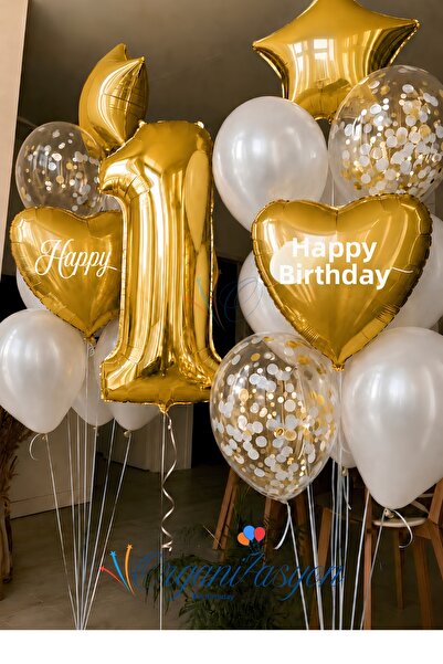 Organizasyon Pazarı Gold Number 1 Year Old Balloon Set Gold Heart Star Confet...