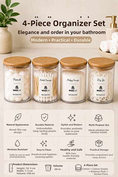 BuradaBuldun 4-Piece Acrylic Bathroom Organizer Set with Wooden Covers