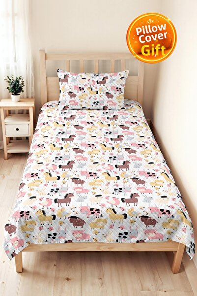 Evimde Bambaşka Farm Animals Pastel Kids' Room Single Pique Set-Cute Patterne...