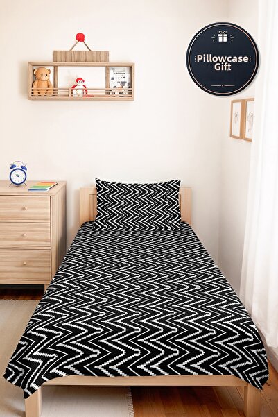 Evimde Bambaşka Black Geometric Zigzag Youth Room Single Pique Set - Modern 1...