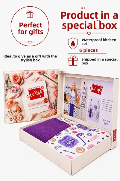 sevilya Bahar 6 Piece Boxed Kitchen Set Liquid-Proof Kitchen Apron Dowry Set ...
