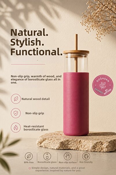 NESS HOME Glass Water Bottle with Bamboo Lid and Silicone Case 550 ml
