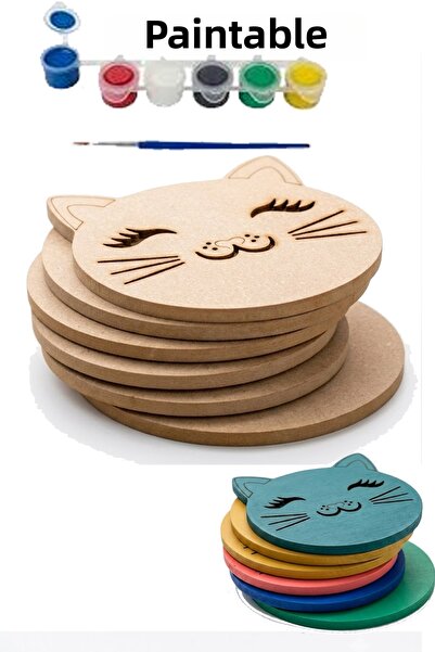 MARNELLO CONSEPT Cute Cat Wooden Set of 6 Paintable Coasters Raw Mdf – DIY Wo...