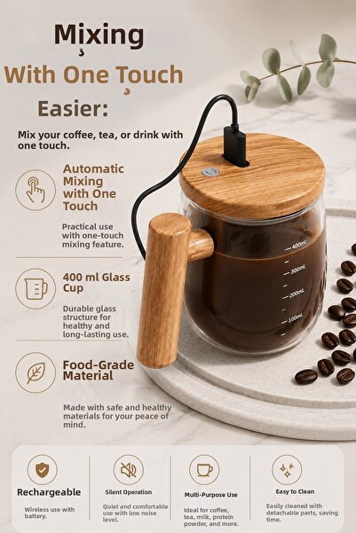 Coverzone Automatic Stirring Cup 400ml Glass Mug Electric Coffee Mixer One-Ke...