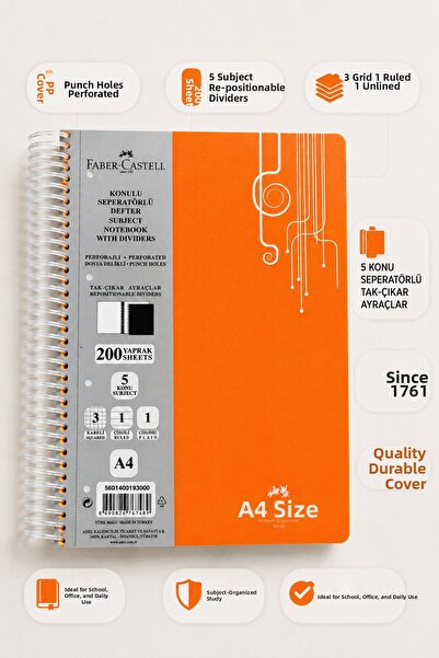 Faber Castell دفتر ملاحظات فابر مع فواصل 200 ورقة، 5 أقسام، فواصل قابلة للإزا...