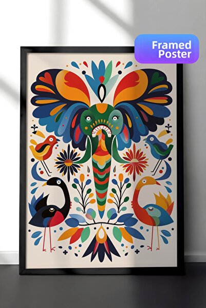 Zestia Pictură murală cu artă folclorică în cadru negru, motive colorate cu e...