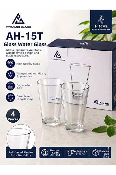 kumkumticaret Pyramid Glass Ah-15T Set of 4 Glass Water Cups 310 ml Transpare...