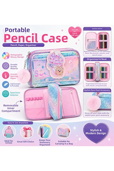 Miro Toys Multi-Purpose Pen Holder Bag Holographic Cat Patterned Pompom Zippe...