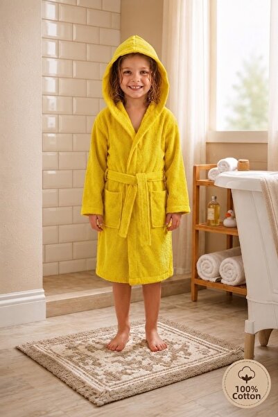 Anılsan Children's Bathrobe Yellow - Plain - 100% Cotton