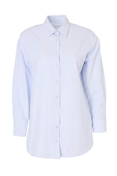 Trendyol Kollektion Hellblaues gestreiftes gewebtes Hemd aus 100 % Polyester ...