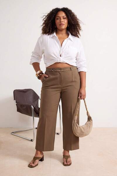 Trendyol Curve Khaki High Waist Pipe Leg Accessory Detailed Plus Size Woven T...