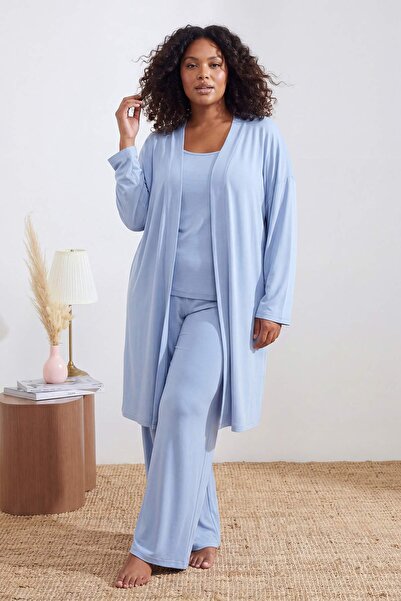 Trendyol Curve Light Blue Dressing Gown Viscose Knitted Large Size Pajama Set...
