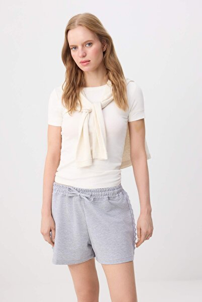 Trendyol Collection Gray Melange Elastic Waist Lace Detailed Regular Waist Wi...