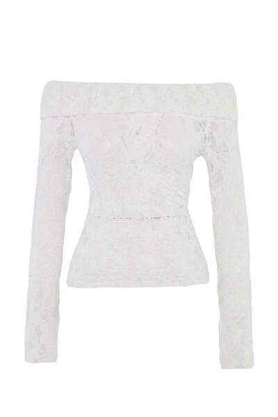 Trendyol Collection Bluză tricotată elastică din dantelă, cu guler Carmen, cr...