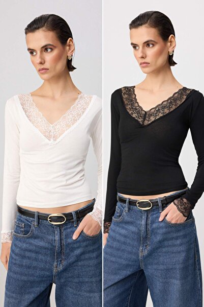Trendyol Collection Black-Ecru Fitted/V-Neck Lace Detailed Soft Knitted Blous...