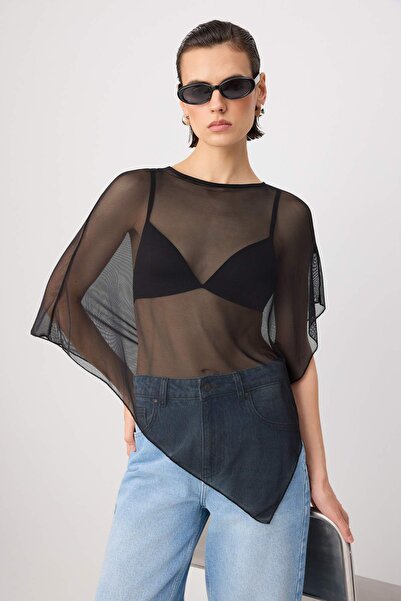 Trendyol Collection Black Regular Fit Cape Tulle Stretchy Knitted Blouse Twos...