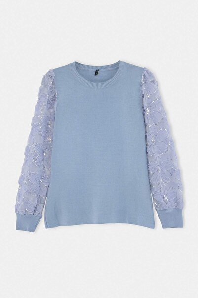Trendyol Collection Blue Tulle Garnished Sleeve Detailed Knitwear Sweater Two...