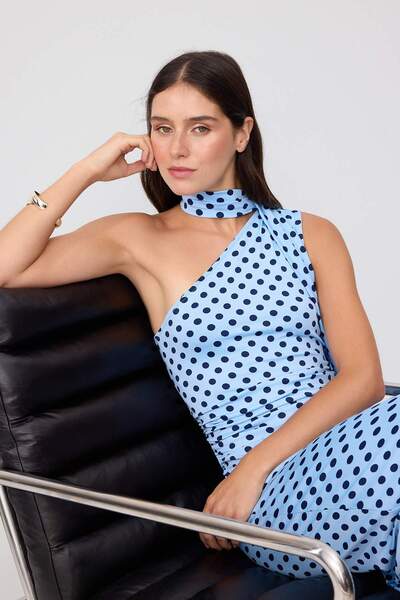 Trendyol Collection Light Blue Polka Dot Bodycon Shawl Collar Sleeveless Midi...