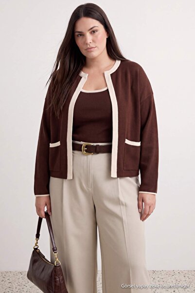Trendyol Curve Brown Line Detailed Knitwear 2'Li Bluz-Cardigan Set Tbbaw26Av0...
