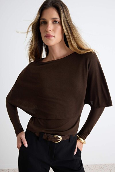 Trendyol Collection Brown Plain Cape Regular Boat Neck Tricot Look Knitted Bl...