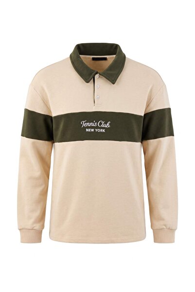 Trendyol Collection Beige Regular Fit. Color Block Polo Collar Sweatshirt Tmn...