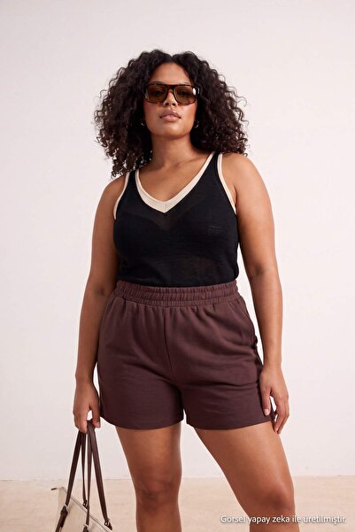 Trendyol Curve Brown Drapey Soft Plus Size Knitted Shorts Tbbss26Ap00046
