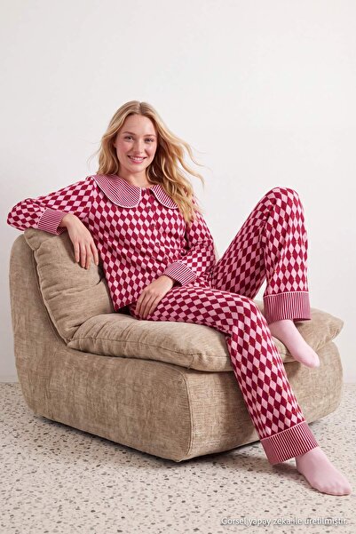 Trendyol Collection Plum Baklava and Line Patterned Viscose Woven Pajama Set ...