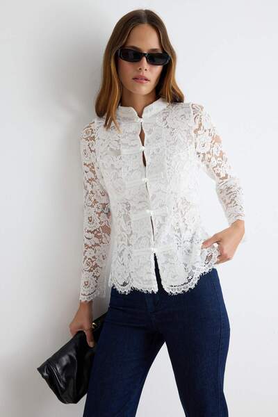 Trendyol Collection White Ornate Buttoned Woven Lace Blouse Twoaw27Bz00283