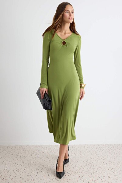 Trendyol Collection Oil Green A-Line/A Bell Form V-Neck Long Sleeve Midi Stre...