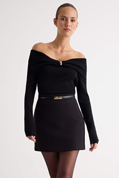 Trendyol Collection Black Rayon Look Special Yarn Carmen Collar Knitwear Swea...