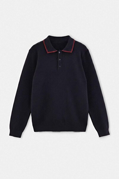 Trendyol Collection Pulover negru cu guler polo, croială normală, cu dungi, p...