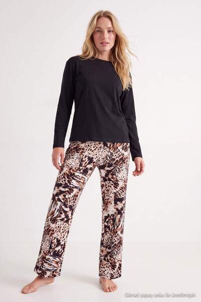 Trendyol Collection Black-Ecru Leopard Patterned Knitted Pajamas Set Thmaw25P...