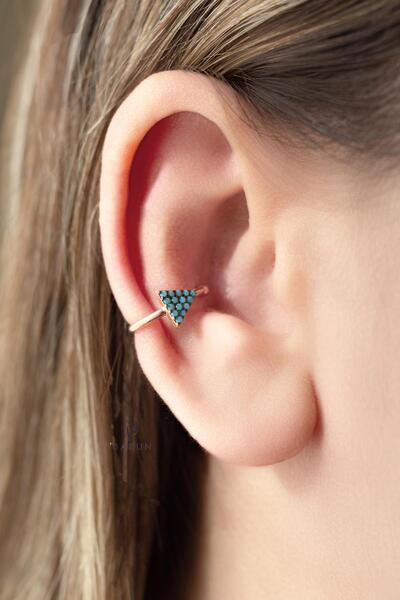 BY BARUN SİLVER Kıkırdak Earcuff Yuvarlak 925 Ayar Zirkon Taşlı Mavi Rose Pem...