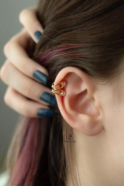 BY BARUN SİLVER Kıkırdak Earcuff Halka 925 Ayar Zirkon Taşlı Sarı Gold Sıkışt...