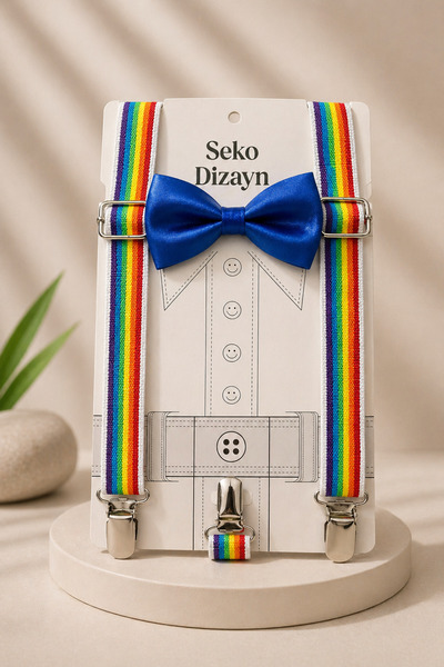 Seko Dizayn 1-14 Yaş 23 Nisan Gökkuşağı Erkek Çocuk Ayarlanabilir Papyon Askı...