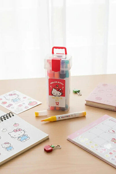 Miniso Sanrio Lisanslı Hello Kitty Çift Uçlu Marker Seti – 12 Renkli Çizim Ka...
