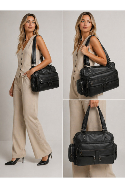 samilon Samılon Γυναικεία Μαύρη δερμάτινη τσάντα ώμου και ώμου πολλαπλών τμημ...