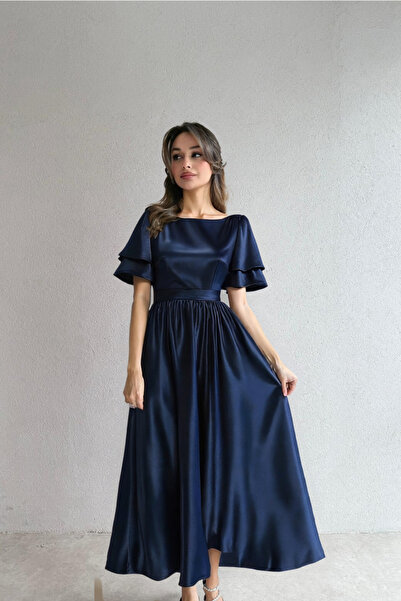 ESSEDRESS Γυναικείο σατέν βραδινό φόρεμα Lisa Navy Blue