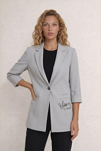 WHİTE DİAMOND Pocket Printed Single Button Gray Women's Jacket
