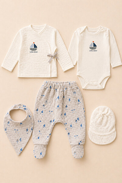 Soule Baby Little Sailor 5’li Organik Müslin Bebek Yeni Doğan Seti, Hastane Çıkışı – %100 Pamuk, Nefes Alan, Ultra Yumuşak Bebek Seti