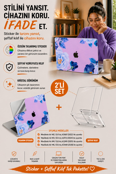 Mcstorey Macbook Air M2-m3-m4 Kılıf 13.6inç Flower03 Yapıştırma Sticker Kapla...