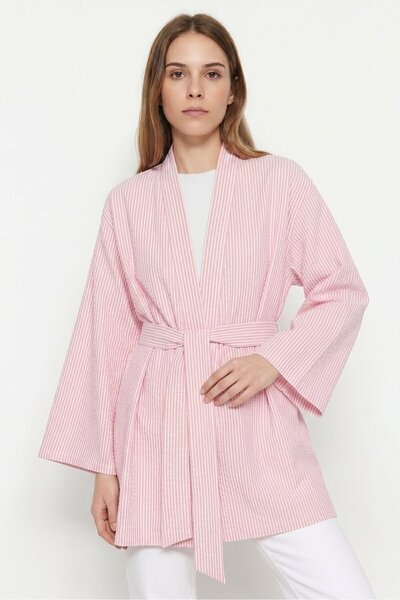 Saade Kadın Dikey Çizgili Geniş Kollu Şık Yazlık Relaxed Kimono