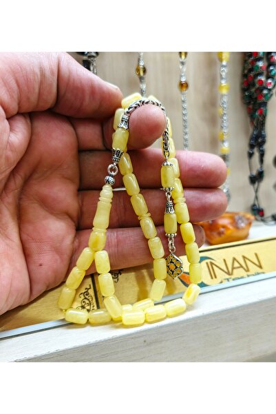 İnan Tesbih Kapsül Kesim 925 Ayar Gümüş Püsküllü Doğal Damla Kehribar Tesbih
